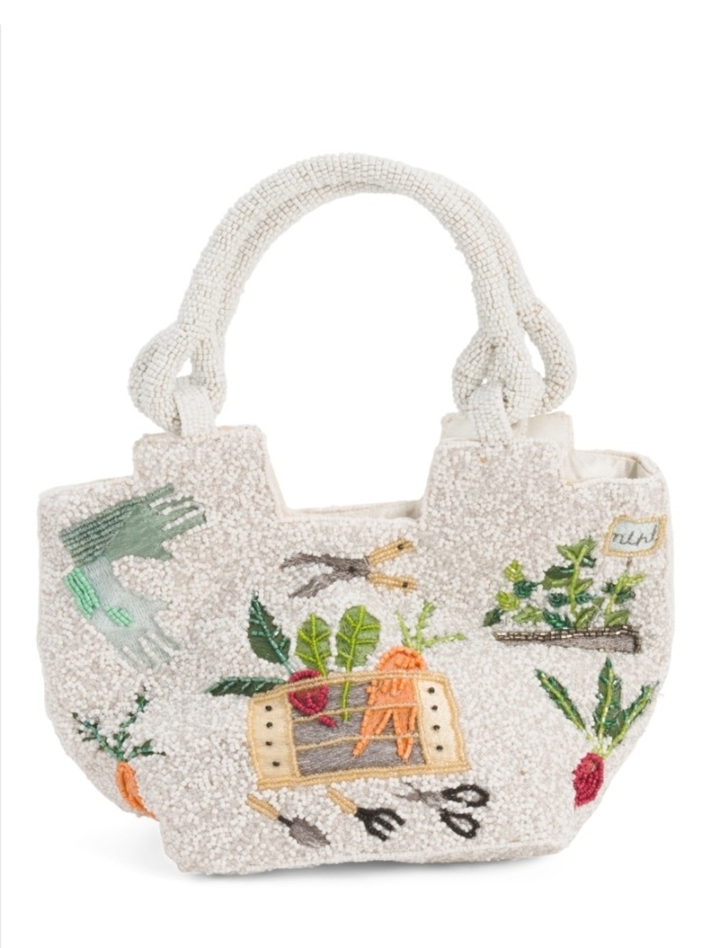 Handcrafted In India Beaded Garden Motif Tote Bag in White